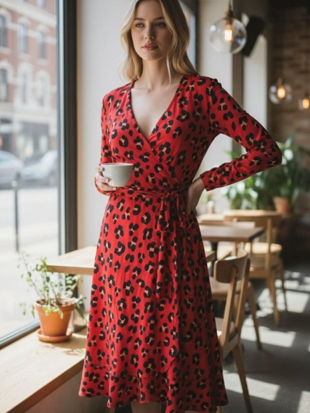 Cabi Wrap Dress Siren Red Leopard Animal Print ls midi 5771 Women's Size M